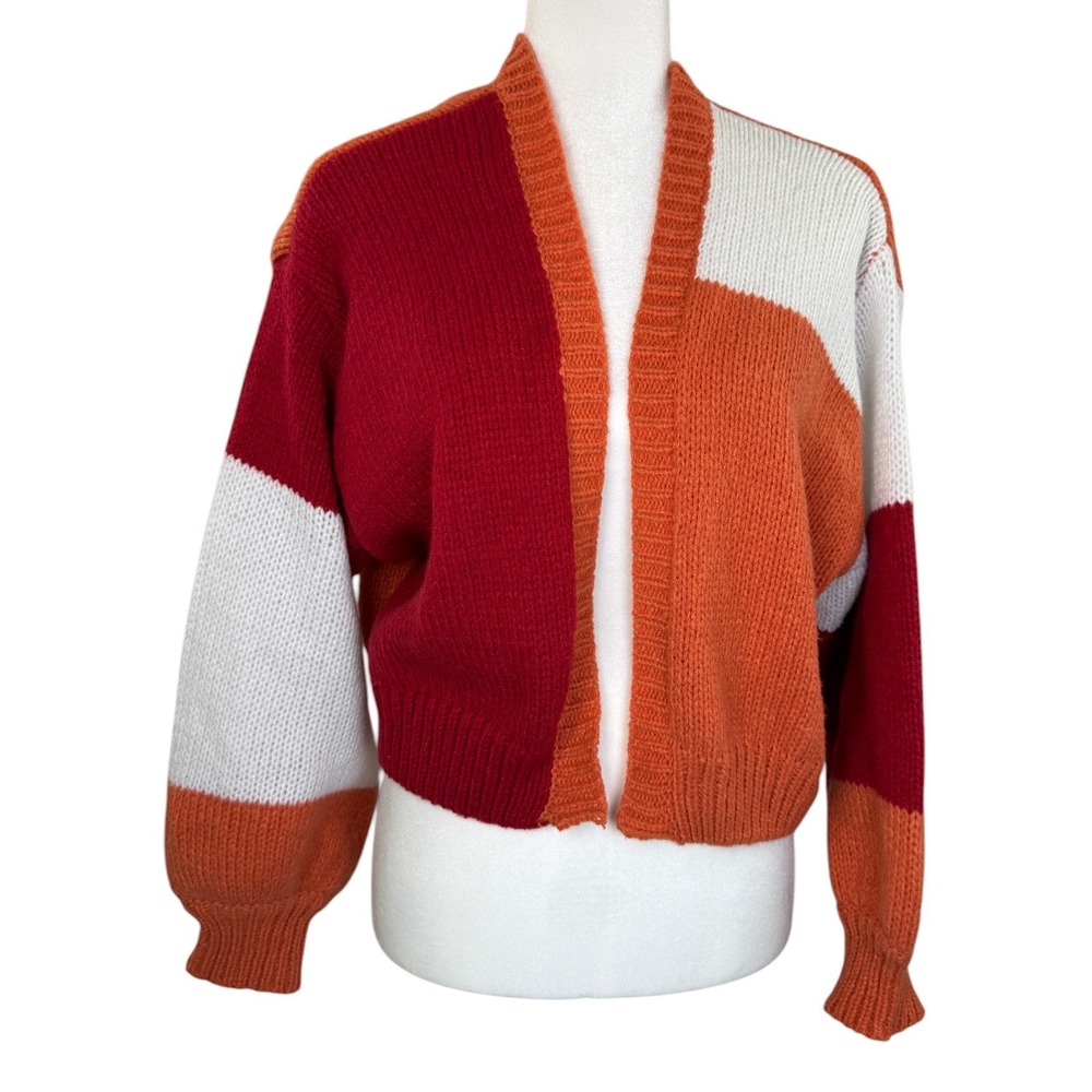 Red Orange Ivory Colorblock Cropped Open Front Knit Cardigan Balloon Sleeve